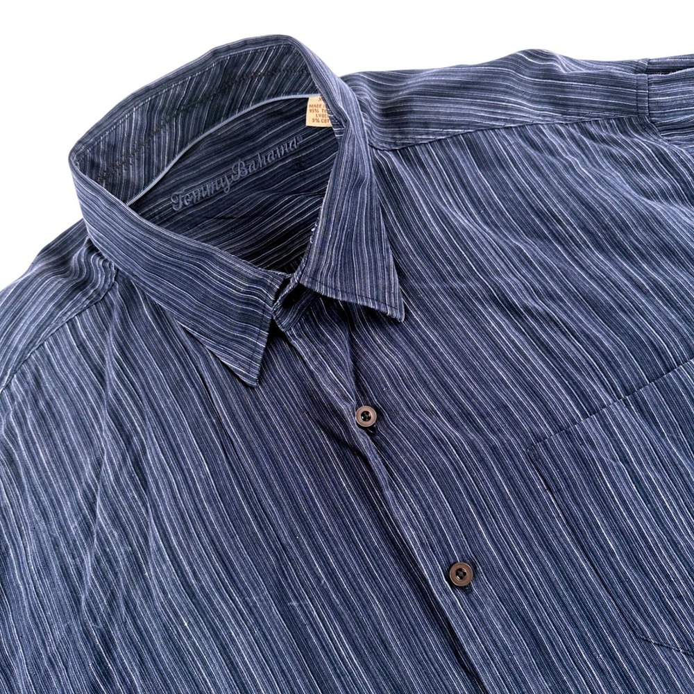 Tommy Bahama Mens XL Shirt Blue Striped Tencel Cotton Short Sleeve T33910‎